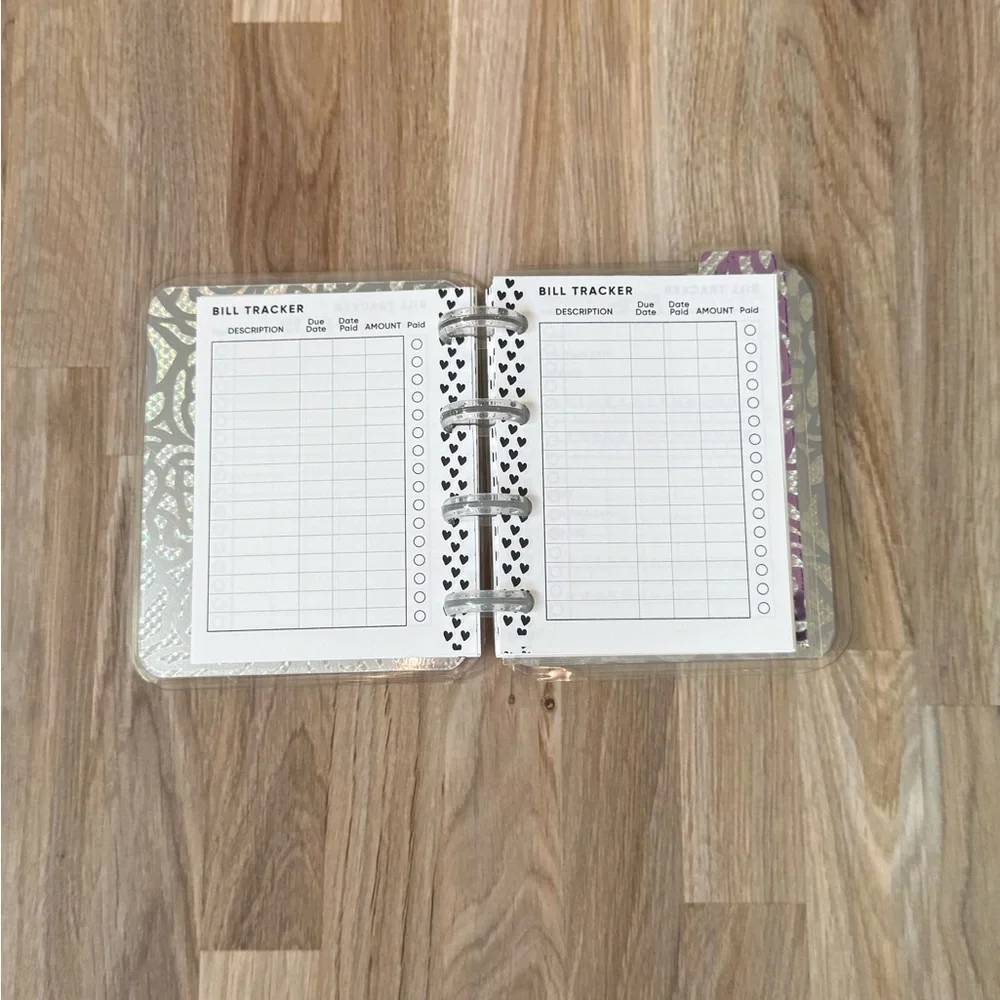 Micro planner holographic roses pink and silver weekly layout.